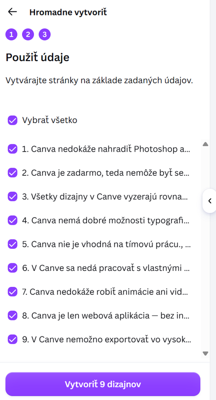 Tlačidlo Pokračovať a Vytvoriť dizajny v Bulk Create
